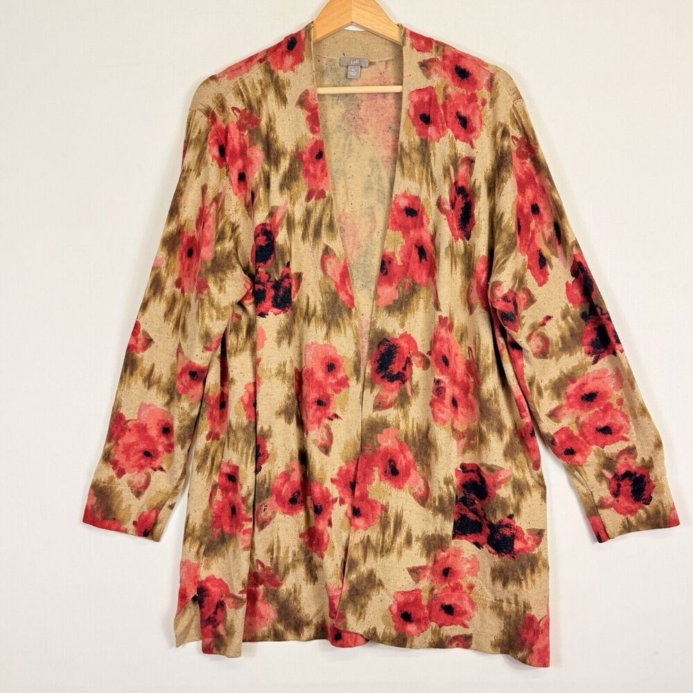 J. Jill Open-Front Floral Cardigan in Beige, Coral and Olive